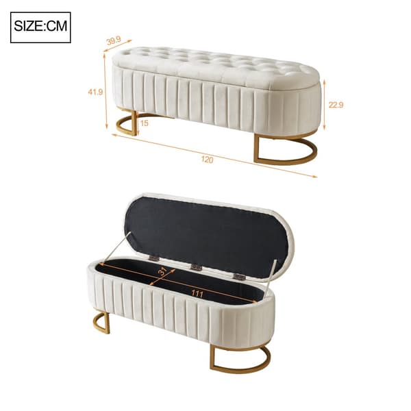 Förvaringsbänk 120x40 cm – vadderad sittbänk med förvaring, soffbänk i sammetstyg, multifunktionell fotpall, beige