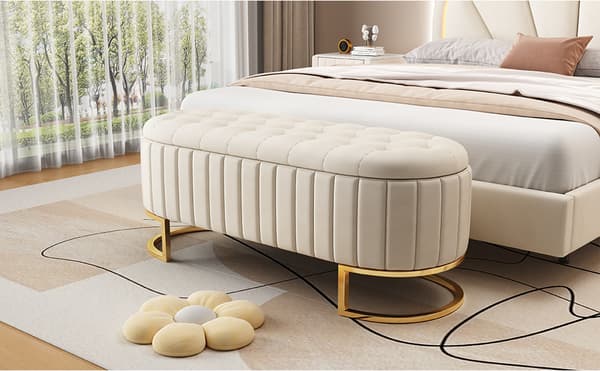 Förvaringsbänk 120x40 cm – vadderad sittbänk med förvaring, soffbänk i sammetstyg, multifunktionell fotpall, beige