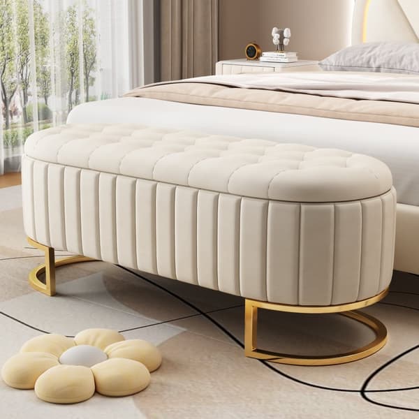 Förvaringsbänk 120x40 cm – vadderad sittbänk med förvaring, soffbänk i sammetstyg, multifunktionell fotpall, beige