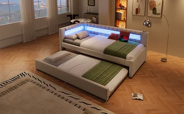 Sohvasänky 90x200 cm – ulosvedettävä sänky LED-valolla, USB & Type-C, ilman patjaa – beige
