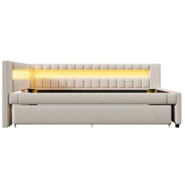 Sohvasänky 90x200 cm – ulosvedettävä sänky LED-valolla, USB & Type-C, ilman patjaa – beige