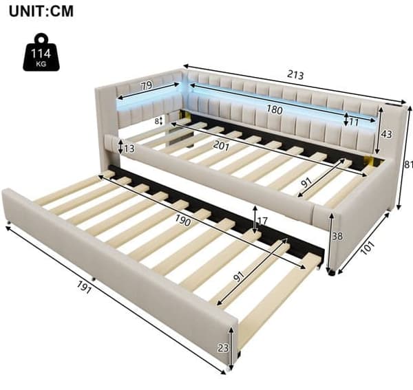 Sohvasänky 90x200 cm – ulosvedettävä sänky LED-valolla, USB & Type-C, ilman patjaa – beige