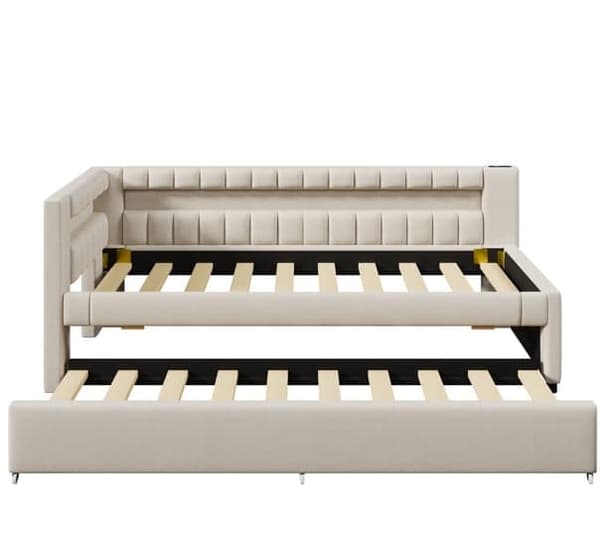 Sohvasänky 90x200 cm – ulosvedettävä sänky LED-valolla, USB & Type-C, ilman patjaa – beige