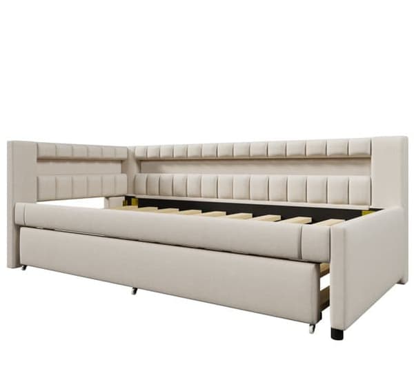 Sohvasänky 90x200 cm – ulosvedettävä sänky LED-valolla, USB & Type-C, ilman patjaa – beige