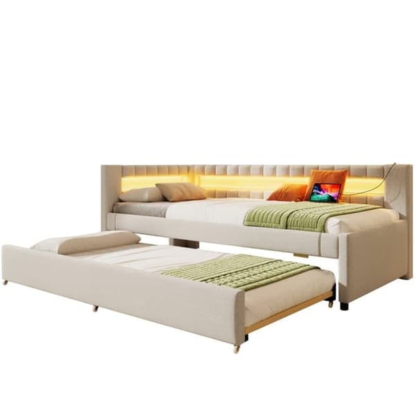 Sohvasänky 90x200 cm – ulosvedettävä sänky LED-valolla, USB & Type-C, ilman patjaa – beige