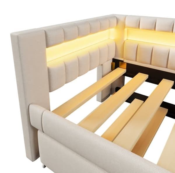 Sohvasänky 90x200 cm – ulosvedettävä sänky LED-valolla, USB & Type-C, ilman patjaa – beige