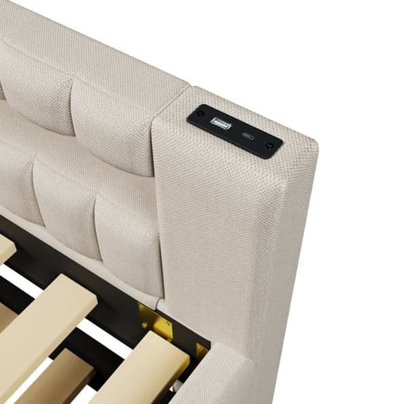 Sohvasänky 90x200 cm – ulosvedettävä sänky LED-valolla, USB & Type-C, ilman patjaa – beige