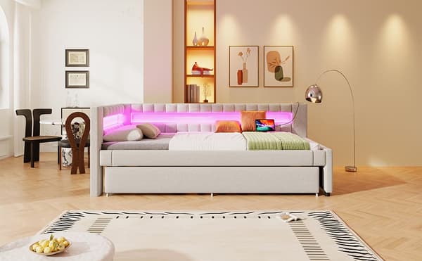 Sohvasänky 90x200 cm – ulosvedettävä sänky LED-valolla, USB & Type-C, ilman patjaa – beige