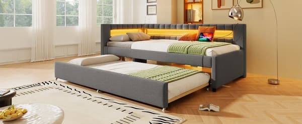 Daybed 90x200 cm – udtræksseng med LED-lys, USB & Type-C, uden madras – grå