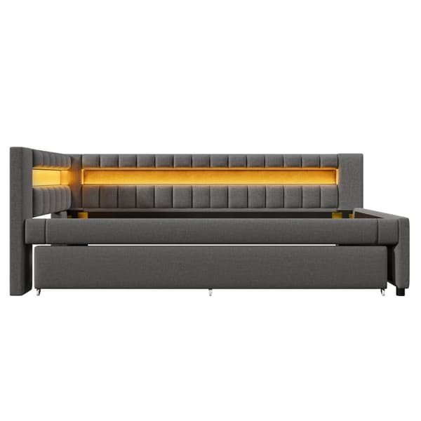 Daybed 90x200 cm – udtræksseng med LED-lys, USB & Type-C, uden madras – grå