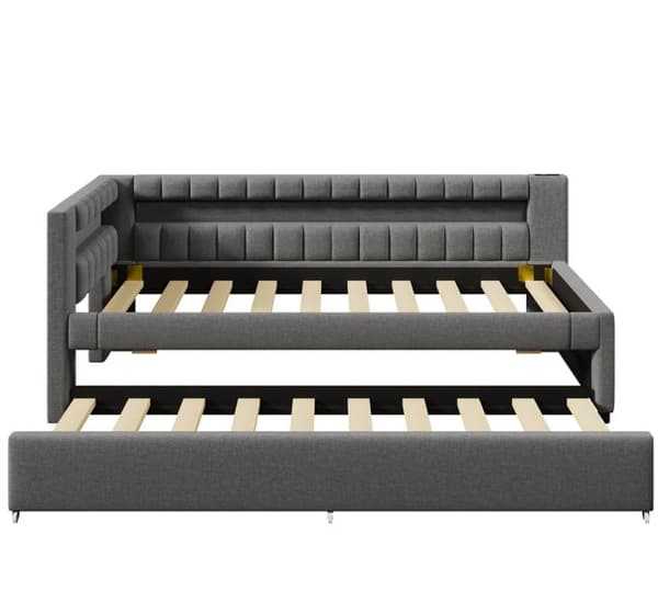Daybed 90x200 cm – udtræksseng med LED-lys, USB & Type-C, uden madras – grå