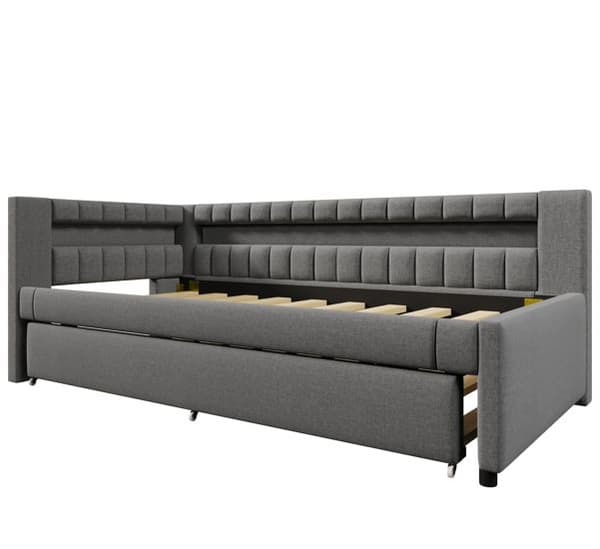 Daybed 90x200 cm – udtræksseng med LED-lys, USB & Type-C, uden madras – grå