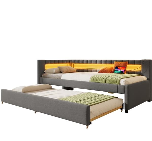 Daybed 90x200 cm – udtræksseng med LED-lys, USB & Type-C, uden madras – grå