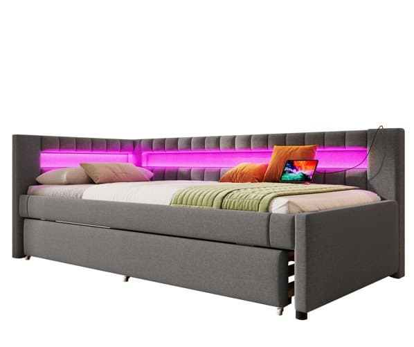 Daybed 90x200 cm – udtræksseng med LED-lys, USB & Type-C, uden madras – grå