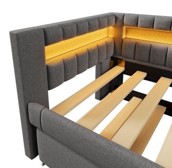 Daybed 90x200 cm – udtræksseng med LED-lys, USB & Type-C, uden madras – grå