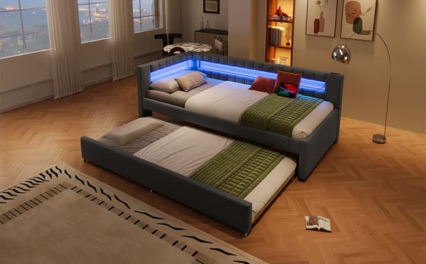 Daybed 90x200 cm – udtræksseng med LED-lys, USB & Type-C, uden madras – grå