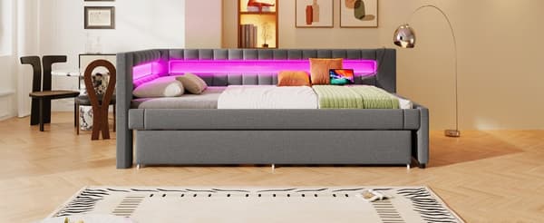 Daybed 90x200 cm – udtræksseng med LED-lys, USB & Type-C, uden madras – grå