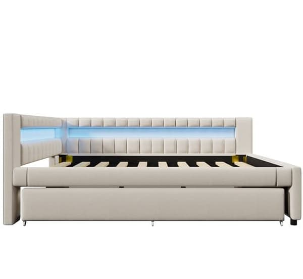 Daybed 140x200 cm – udtræksseng med LED-lys, USB & Type-C, uden madras – beige