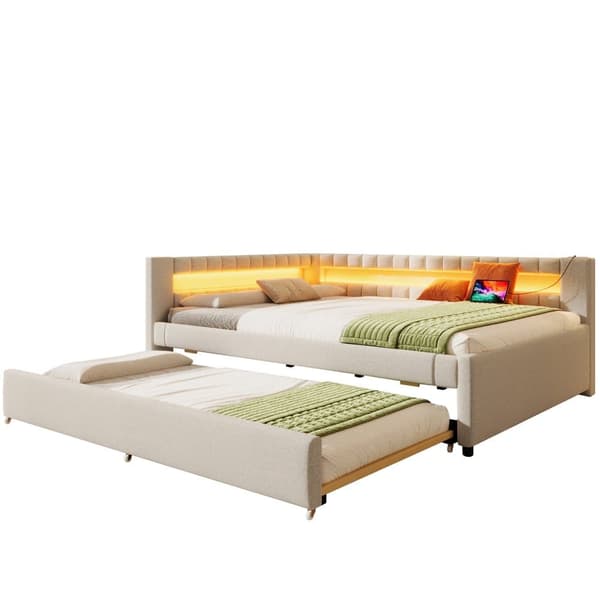 Daybed 140x200 cm – udtræksseng med LED-lys, USB & Type-C, uden madras – beige