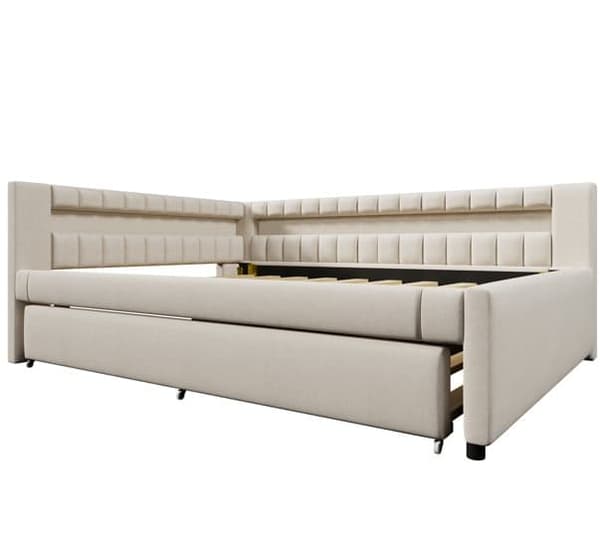 Daybed 140x200 cm – udtræksseng med LED-lys, USB & Type-C, uden madras – beige