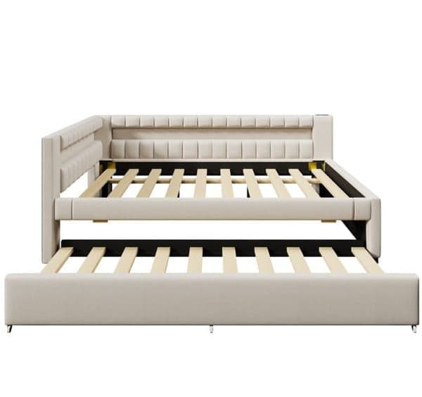 Sohvasänky 140x200 cm – ulosvedettävä sänky LED-valolla, USB & Type-C, ilman patjaa – beige
