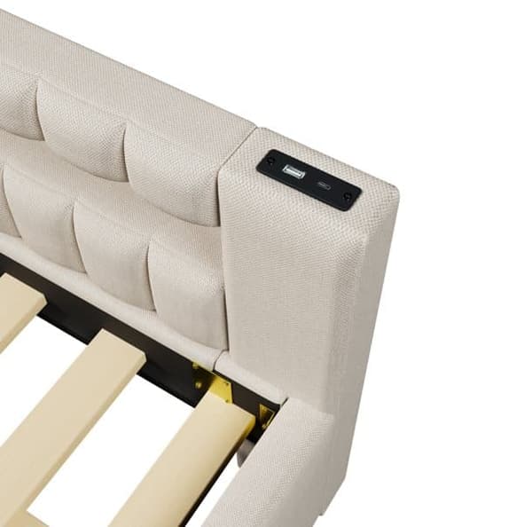 Daybed 140x200 cm – udtræksseng med LED-lys, USB & Type-C, uden madras – beige