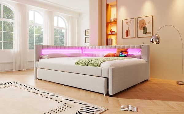 Daybed 140x200 cm – udtræksseng med LED-lys, USB & Type-C, uden madras – beige