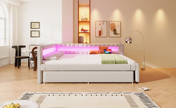 Daybed 140x200 cm – udtræksseng med LED-lys, USB & Type-C, uden madras – beige