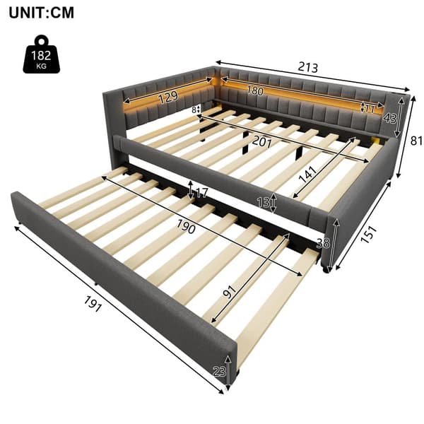 Sohvasänky 140x200 cm – ulosvedettävä sänky LED-valolla, USB ja Type-C, ilman patjaa – harmaa