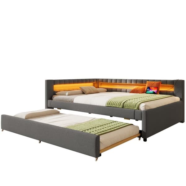 Sohvasänky 140x200 cm – ulosvedettävä sänky LED-valolla, USB ja Type-C, ilman patjaa – harmaa