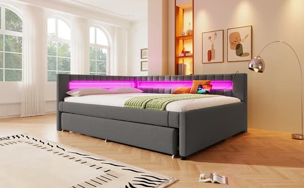 Sohvasänky 140x200 cm – ulosvedettävä sänky LED-valolla, USB ja Type-C, ilman patjaa – harmaa