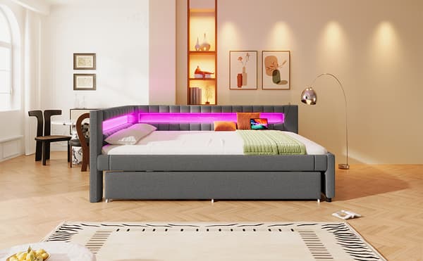 Sohvasänky 140x200 cm – ulosvedettävä sänky LED-valolla, USB ja Type-C, ilman patjaa – harmaa