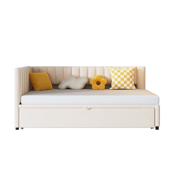 Multifunktionel L-formet fløjl sovesofa 90/180x200 - udtræksseng, pladsbesparende seng til børneværelse eller gæsteværelse - Beige