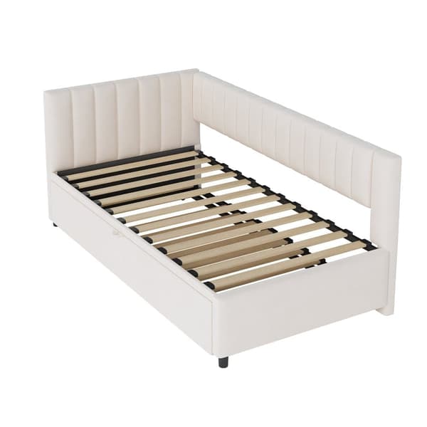 Multifunktionel L-formet fløjl sovesofa 90/180x200 - udtræksseng, pladsbesparende seng til børneværelse eller gæsteværelse - Beige