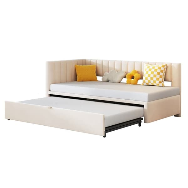 Multifunktionel L-formet fløjl sovesofa 90/180x200 - udtræksseng, pladsbesparende seng til børneværelse eller gæsteværelse - Beige