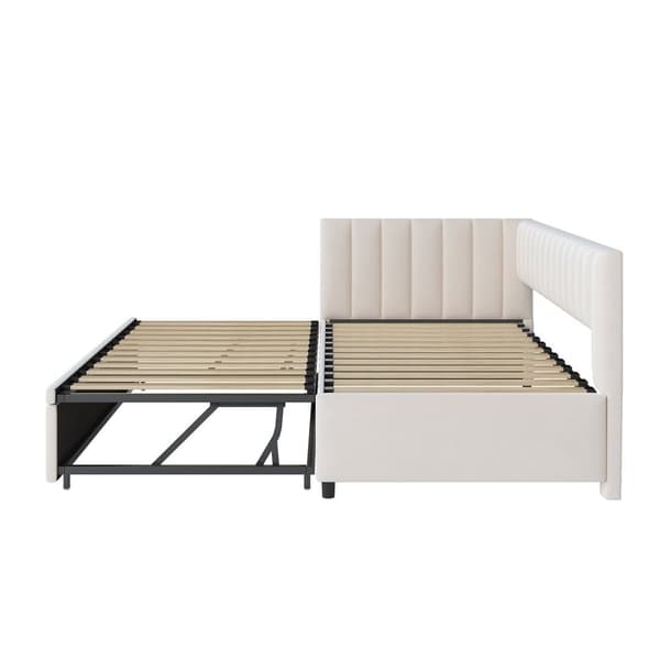 Multifunktionel L-formet fløjl sovesofa 90/180x200 - udtræksseng, pladsbesparende seng til børneværelse eller gæsteværelse - Beige