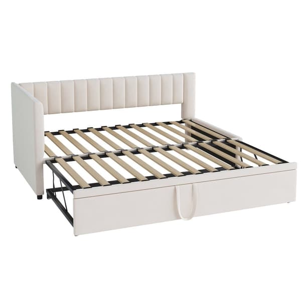 Multifunktionel L-formet fløjl sovesofa 90/180x200 - udtræksseng, pladsbesparende seng til børneværelse eller gæsteværelse - Beige