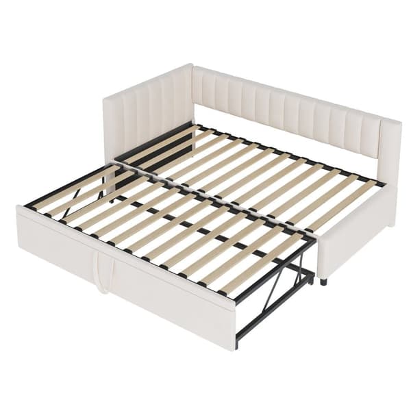 Multifunktionel L-formet fløjl sovesofa 90/180x200 - udtræksseng, pladsbesparende seng til børneværelse eller gæsteværelse - Beige