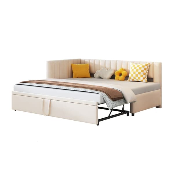 Multifunktionel L-formet fløjl sovesofa 90/180x200 - udtræksseng, pladsbesparende seng til børneværelse eller gæsteværelse - Beige