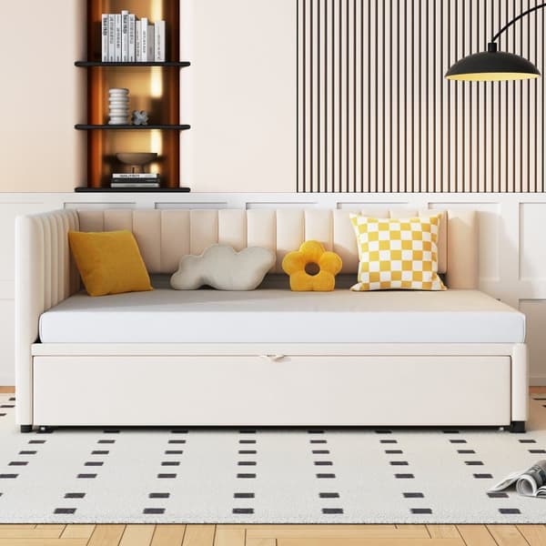Multifunktionel L-formet fløjl sovesofa 90/180x200 - udtræksseng, pladsbesparende seng til børneværelse eller gæsteværelse - Beige