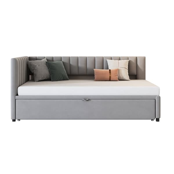 Multifunktionell L-formad bäddsoffa 90/180x200 i sammet – utdragbar, platsbesparande säng för barnrum eller gästrum - Grå
