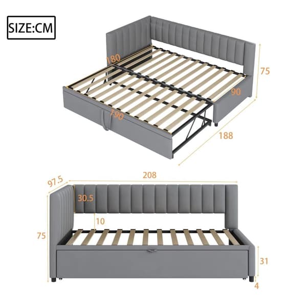 Multifunktionell L-formad bäddsoffa 90/180x200 i sammet – utdragbar, platsbesparande säng för barnrum eller gästrum - Grå