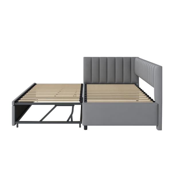 Multifunktionell L-formad bäddsoffa 90/180x200 i sammet – utdragbar, platsbesparande säng för barnrum eller gästrum - Grå