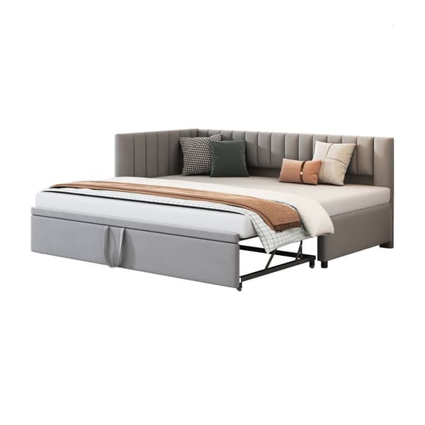 Multifunktionell L-formad bäddsoffa 90/180x200 i sammet – utdragbar, platsbesparande säng för barnrum eller gästrum - Grå