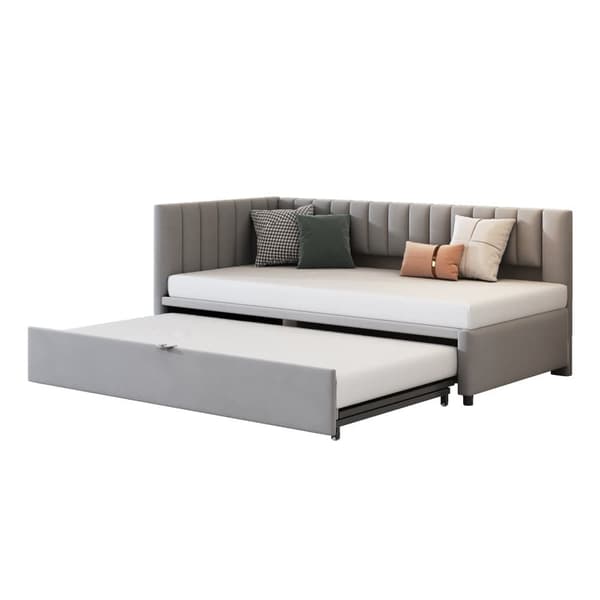 Multifunktionell L-formad bäddsoffa 90/180x200 i sammet – utdragbar, platsbesparande säng för barnrum eller gästrum - Grå