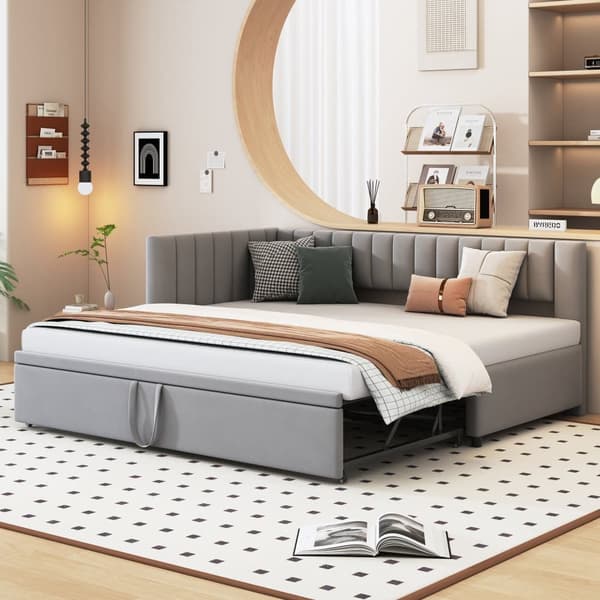 Multifunktionell L-formad bäddsoffa 90/180x200 i sammet – utdragbar, platsbesparande säng för barnrum eller gästrum - Grå