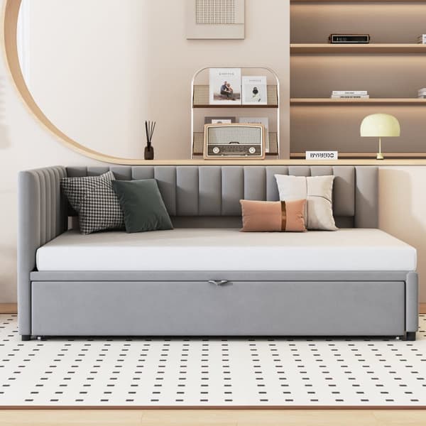 Multifunktionell L-formad bäddsoffa 90/180x200 i sammet – utdragbar, platsbesparande säng för barnrum eller gästrum - Grå