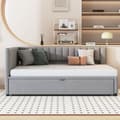 Miniatyrbild 1 av 11: Multifunktionell L-formad bäddsoffa 90/180x200 i sammet – utdragbar, platsbesparande säng för barnrum eller gästrum - Grå