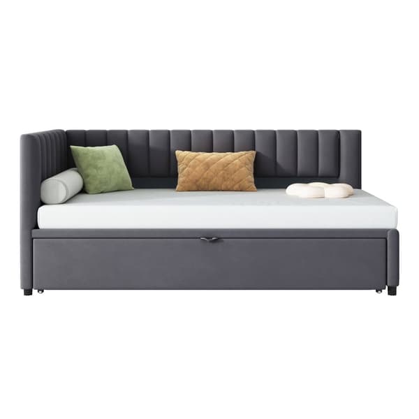 Multifunktionell L-formad bäddsoffa 90/180x200 i sammet – utdragbar, platsbesparande säng för barnrum och gästrum - Grå