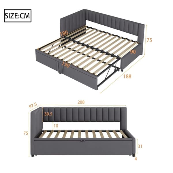 Multifunktionell L-formad bäddsoffa 90/180x200 i sammet – utdragbar, platsbesparande säng för barnrum och gästrum - Grå
